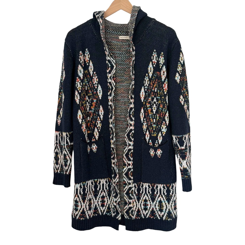 ANDTHEWHY Navy Blue Tribal Geometric Hooded Open Front Cardigan Sweater Size M/L